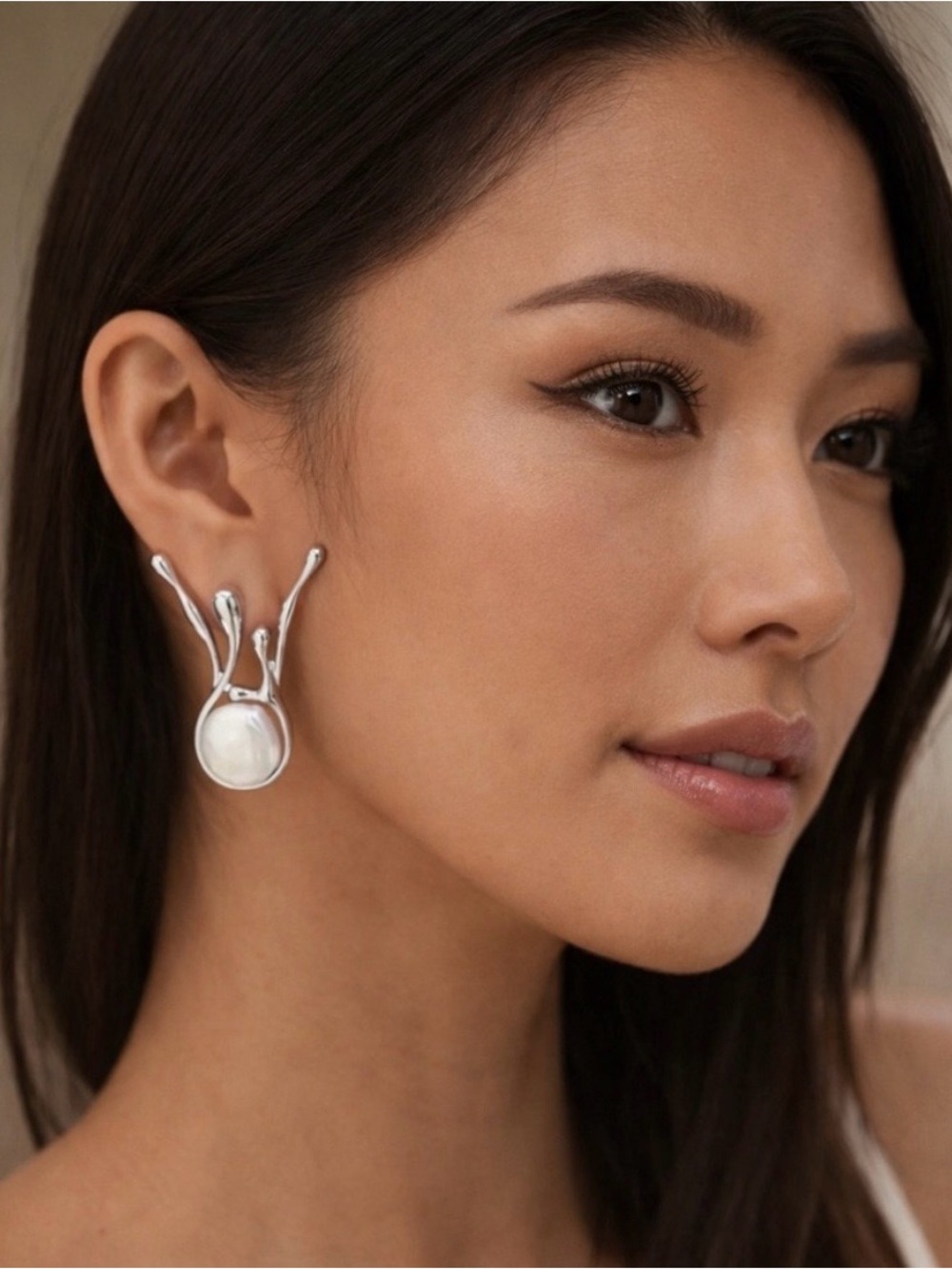Modern Silver Pearl Drop Earrings - White
